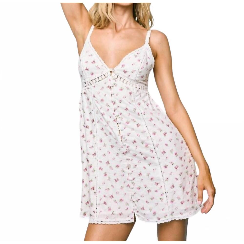 NEW ROWAN ditsy button front mini dress in white baby pink floral